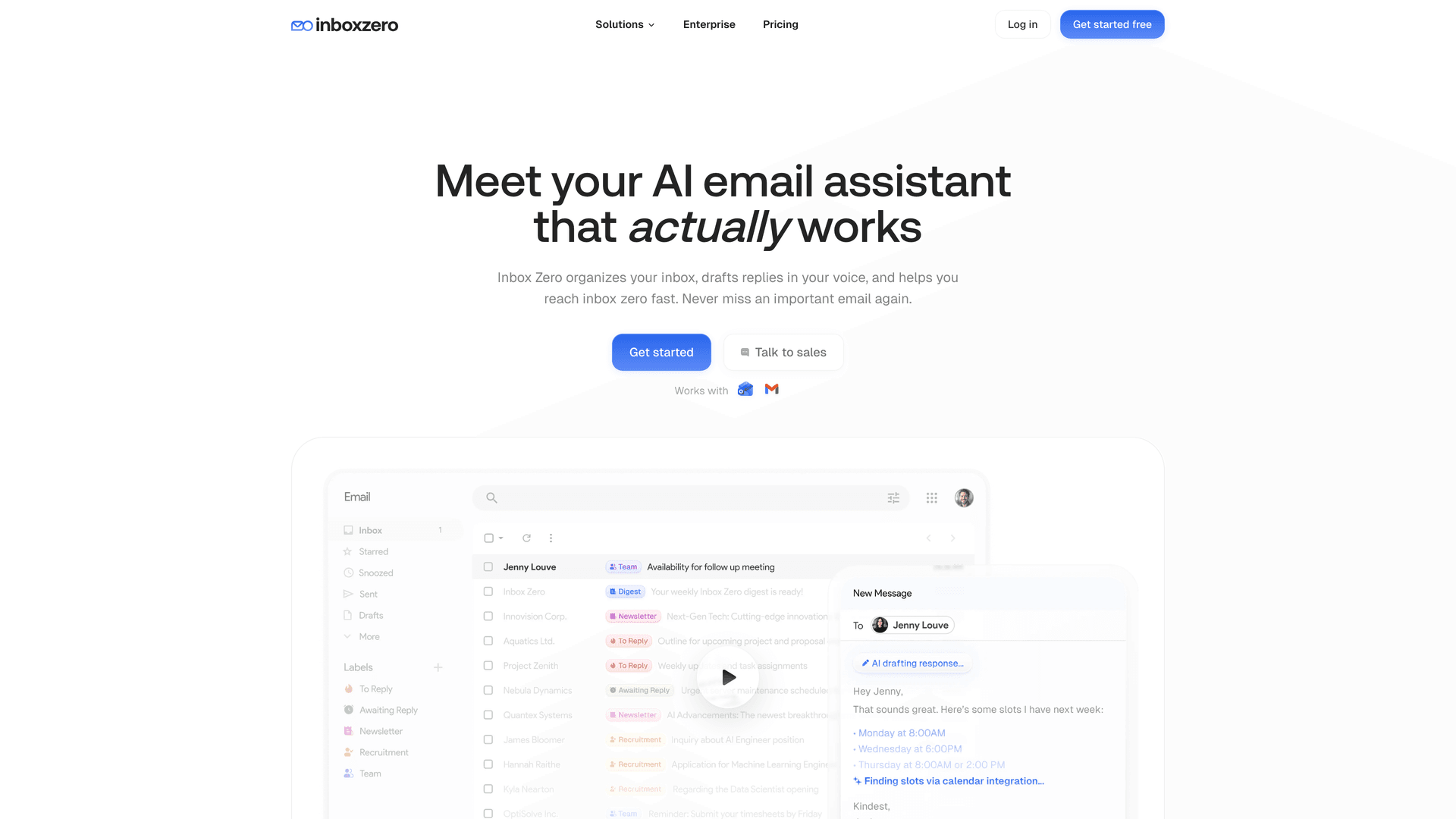 Inbox Zero AI email assistant homepage showing automated email management and inbox cleanup features